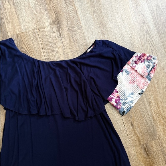 Eloges • Navy & Floral Lace Ruffle Off Shoulder Dress - Picture 5 of 16